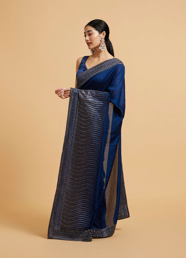 Mohey Women Teal Blue Wave Patterned Saree with Rhinestones