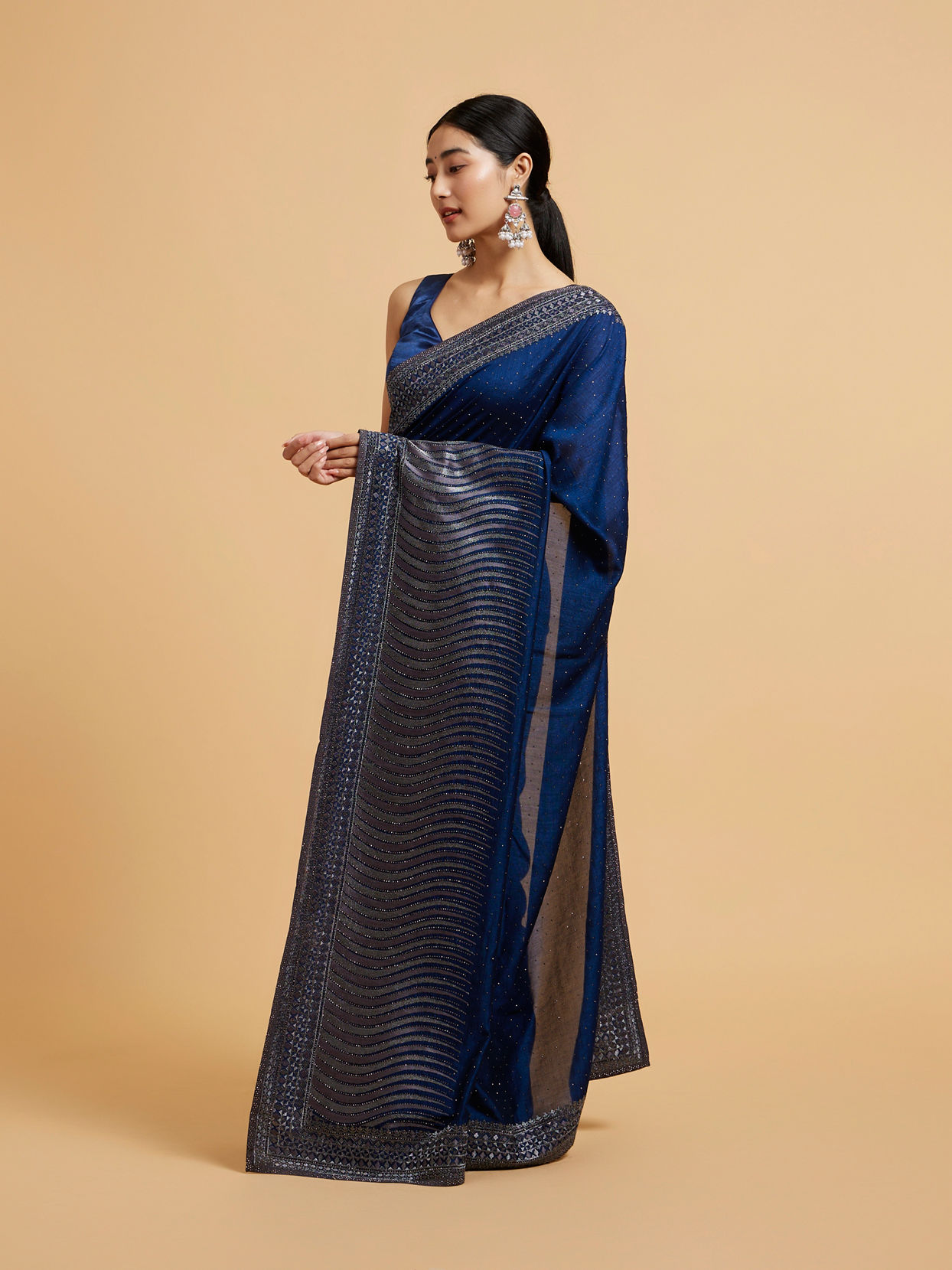 Mohey Women Teal Blue Wave Patterned Saree with Rhinestones