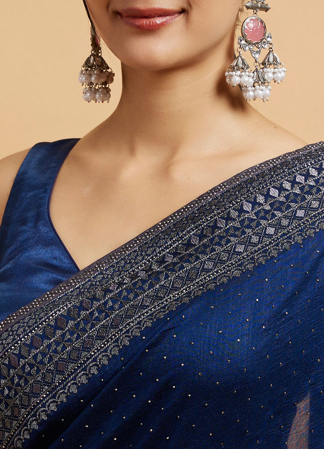 Mohey Women Teal Blue Wave Patterned Saree with Rhinestones