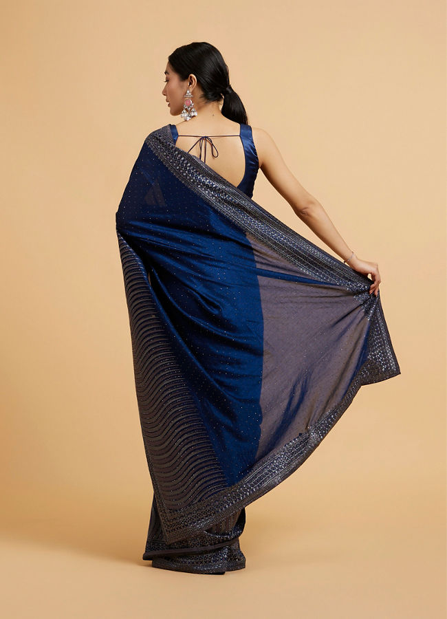 Mohey Women Teal Blue Wave Patterned Saree with Rhinestones