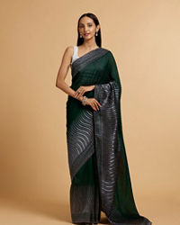 Mohey Women Bottle Green Wave Patterned Saree with Rhinestones