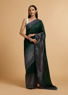 alt message - Mohey Women Bottle Green Wave Patterned Saree with Rhinestones image number 0