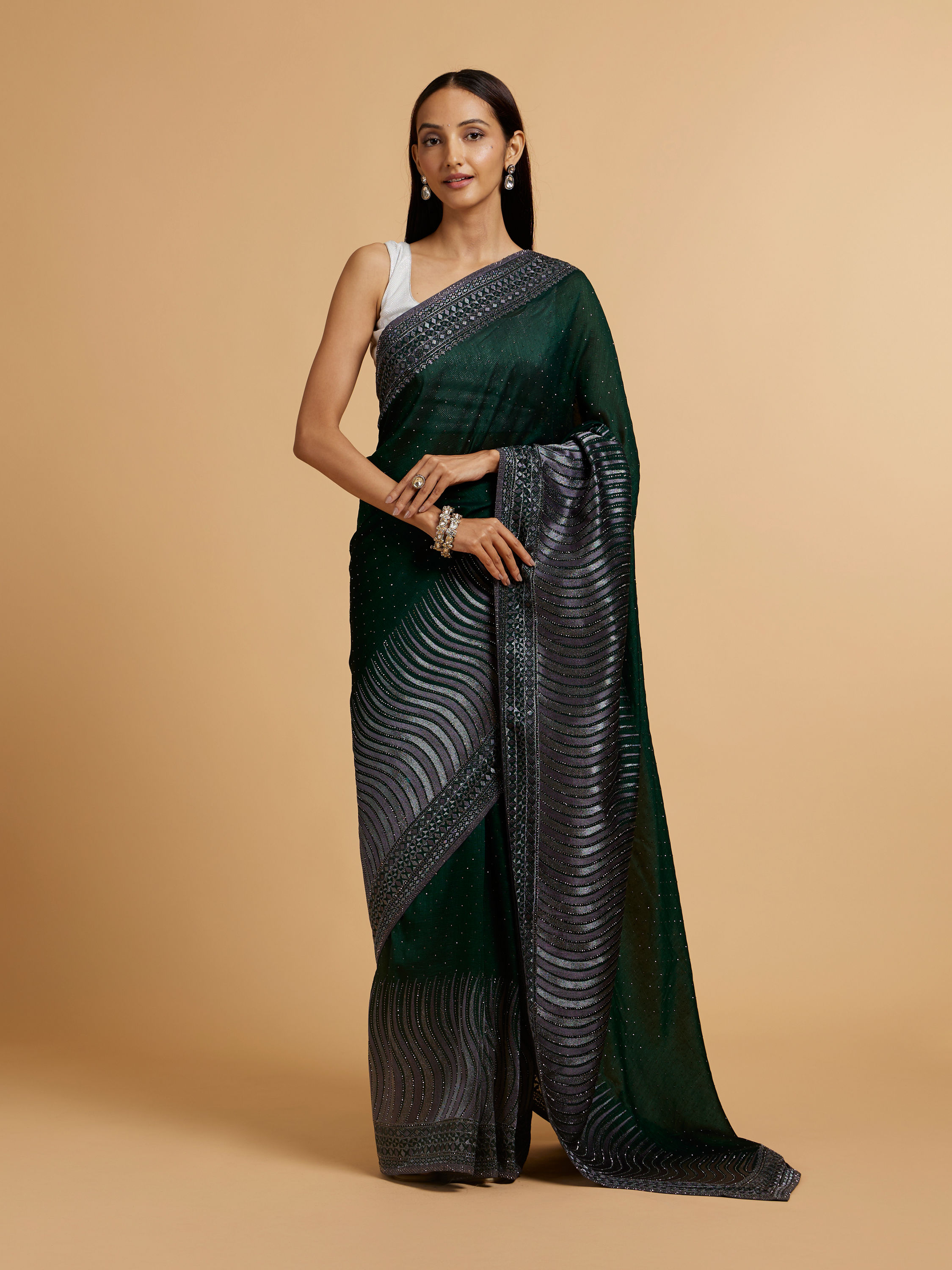 Mohey Women Bottle Green Wave Patterned Saree with Rhinestones