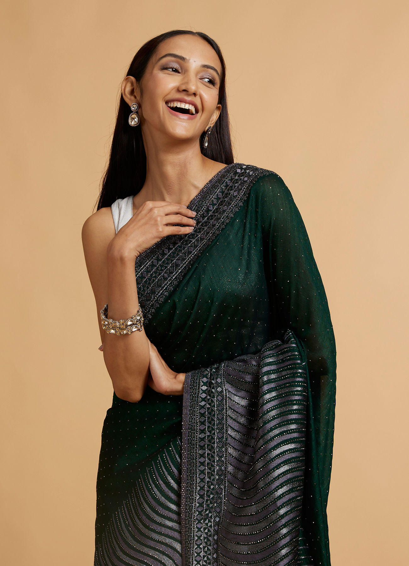 Mohey Women Bottle Green Wave Patterned Saree with Rhinestones