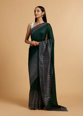 alt message - Mohey Women Bottle Green Wave Patterned Saree with Rhinestones image number 2