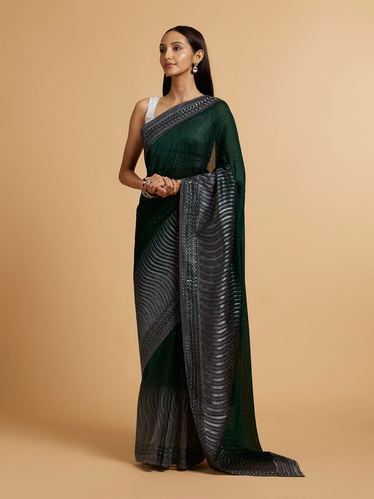 Mohey Women Bottle Green Wave Patterned Saree with Rhinestones