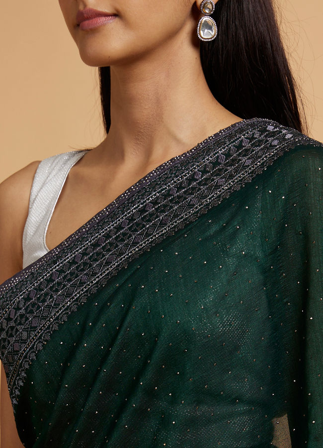 Mohey Women Bottle Green Wave Patterned Saree with Rhinestones