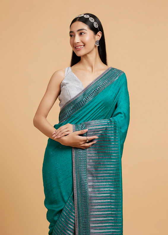 Mohey Women Rama Green Stone Embellished Saree