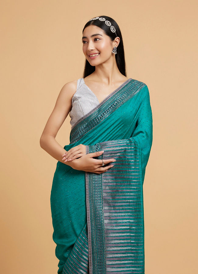 Mohey Women Rama Green Stone Embellished Saree image number 1