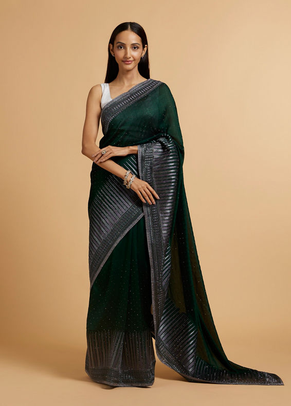 Mohey Women Bottle Green Stone Embellished Saree
