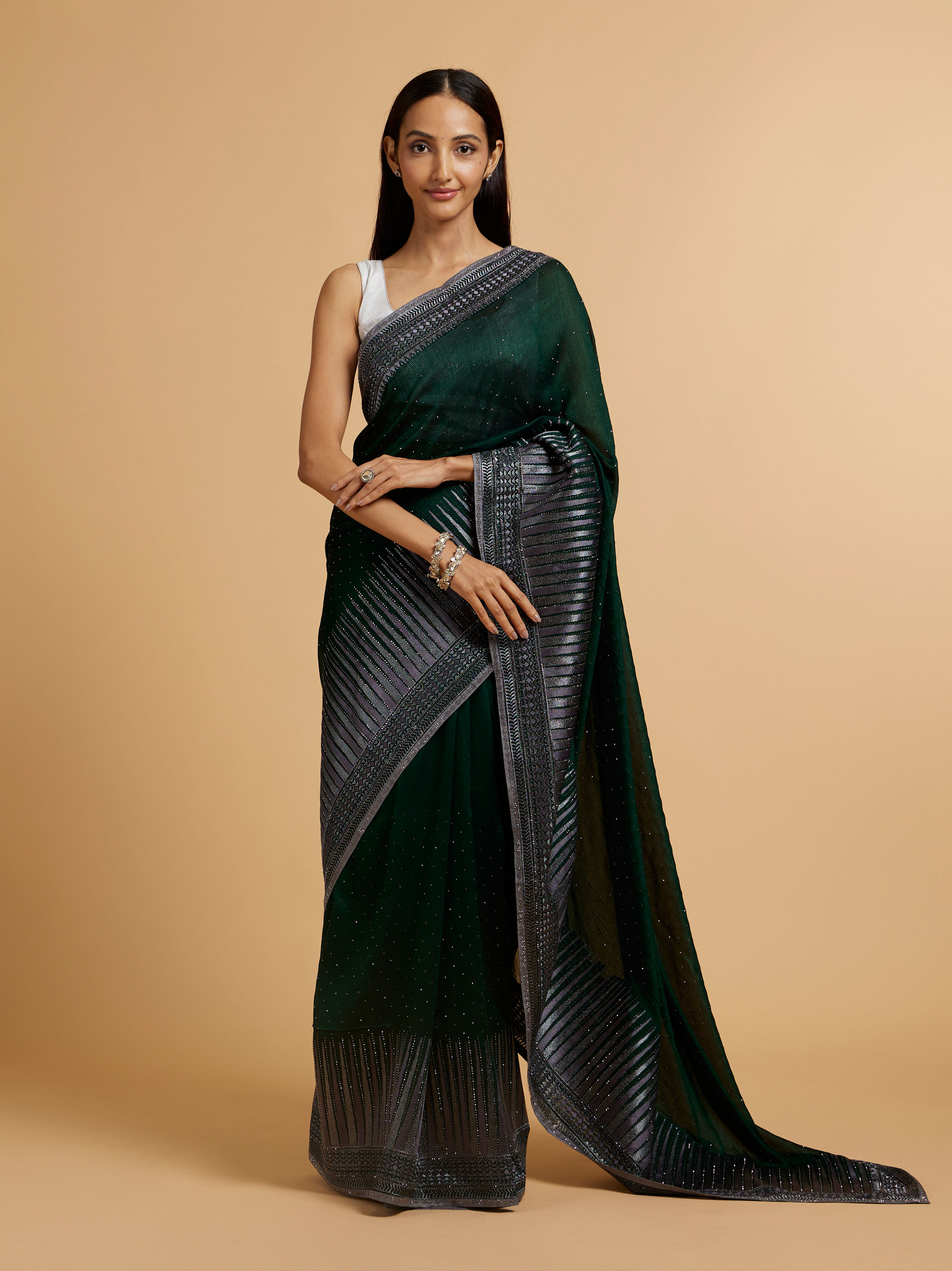 Mohey Women Bottle Green Stone Embellished Saree