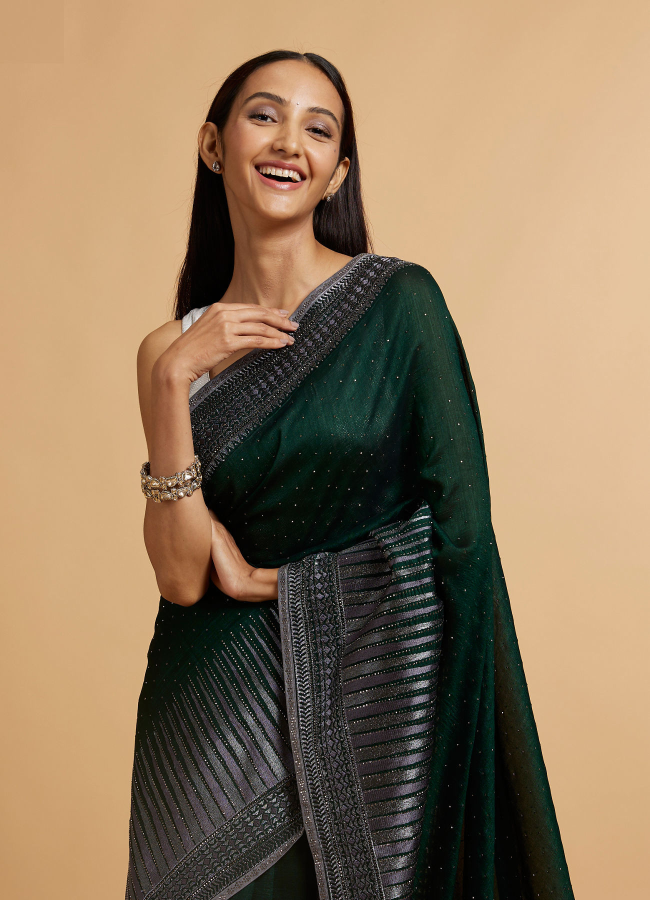 Mohey Women Bottle Green Stone Embellished Saree