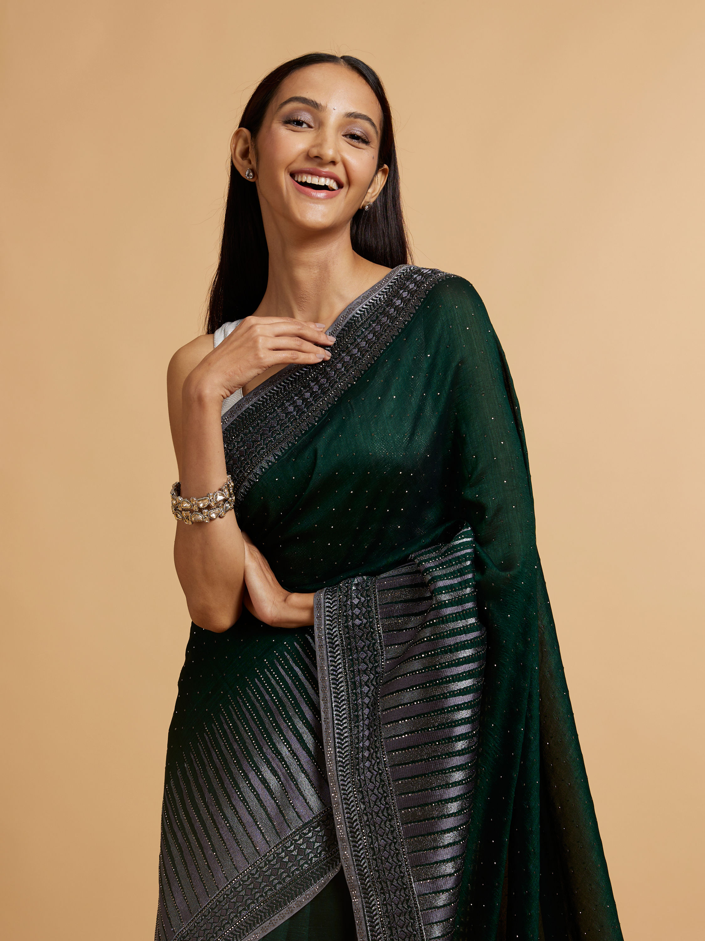 Mohey Women Bottle Green Stone Embellished Saree