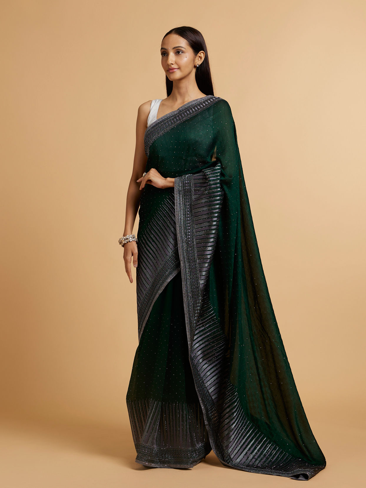 Mohey Women Bottle Green Stone Embellished Saree image number 2