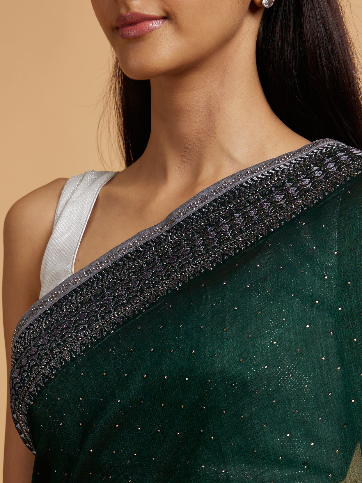 Mohey Women Bottle Green Stone Embellished Saree
