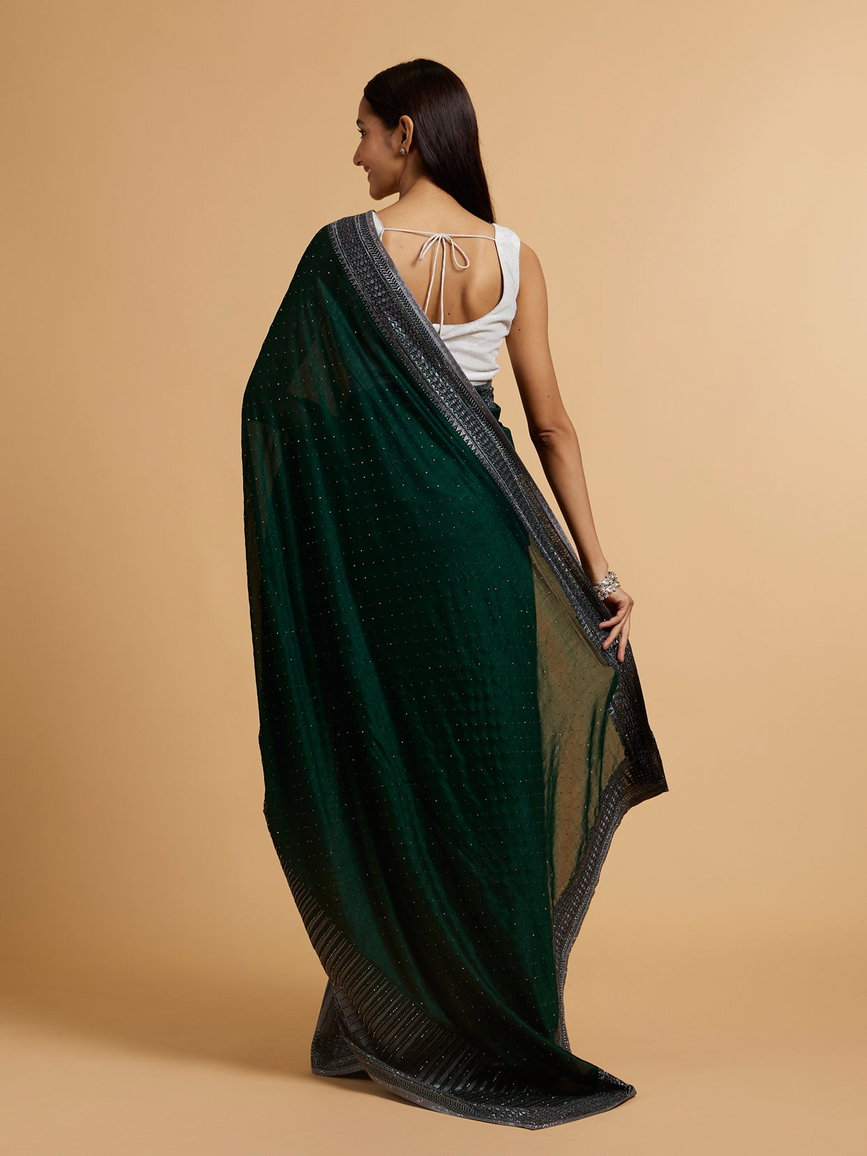 Mohey Women Bottle Green Stone Embellished Saree