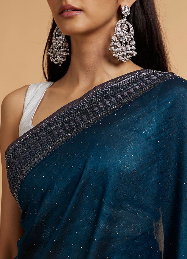 Mohey Women Teal Green Stone Embellished Saree