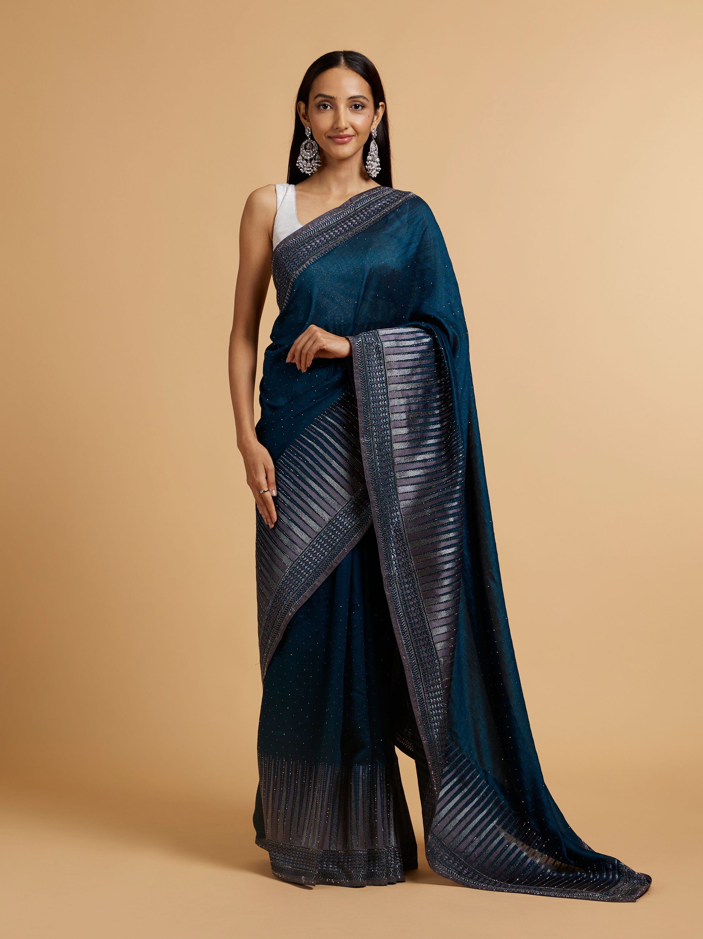 Mohey Women Teal Green Stone Embellished Saree