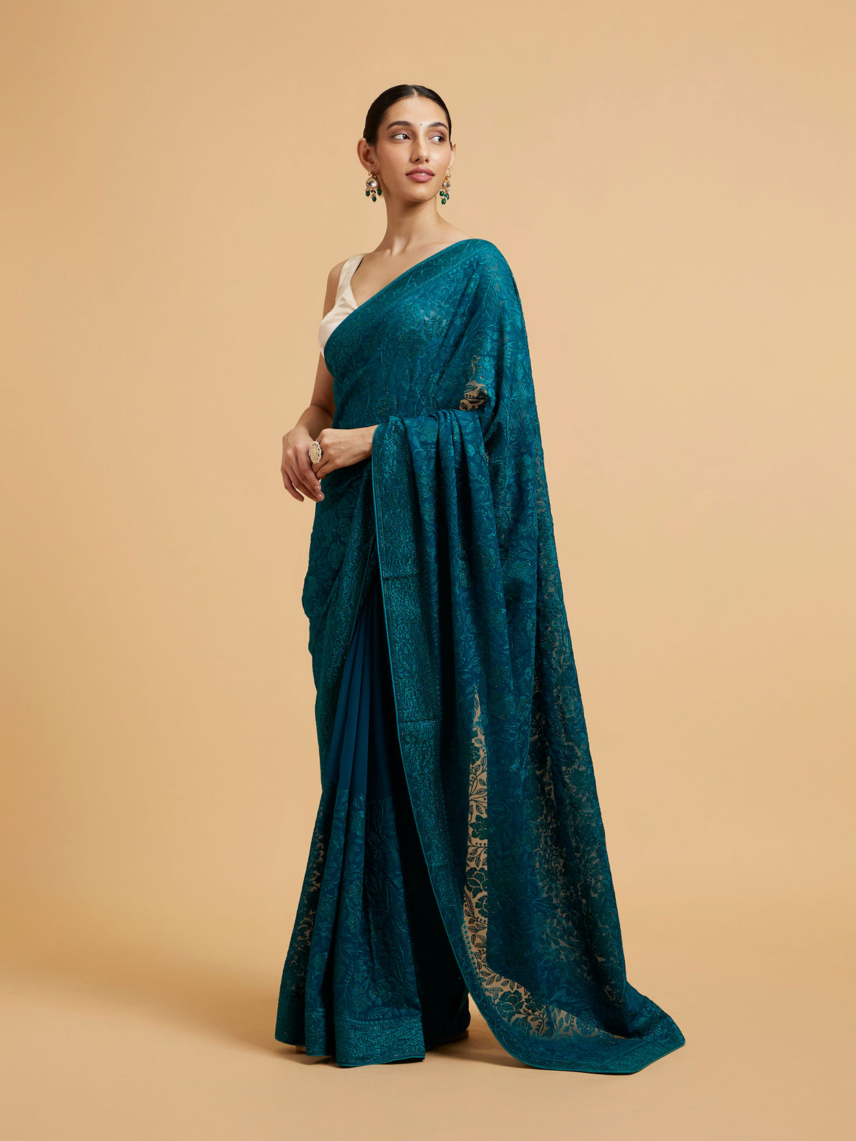 Mohey Women Rama Green Bel Buti Embroidered Saree with Rhinestones