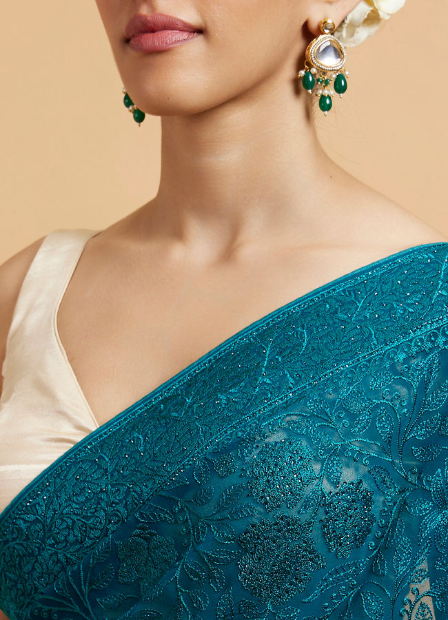 Mohey Women Rama Green Bel Buti Embroidered Saree with Rhinestones