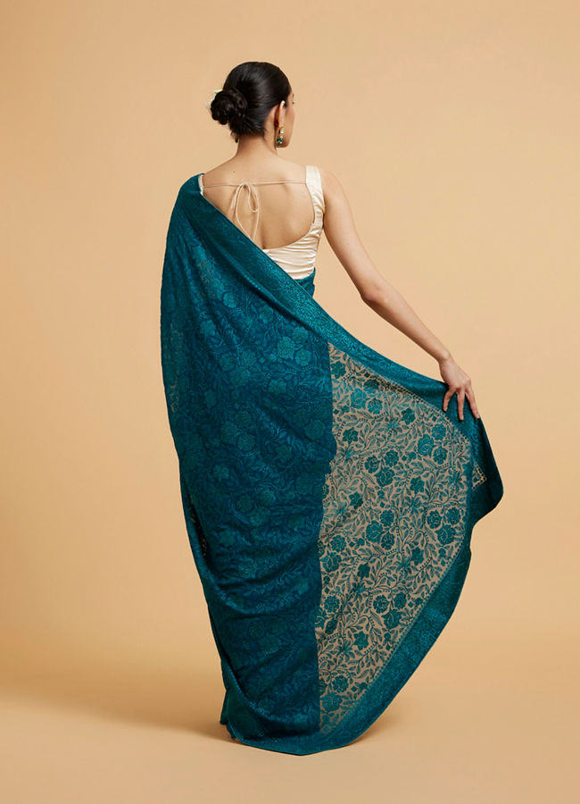 Mohey Women Rama Green Bel Buti Embroidered Saree with Rhinestones