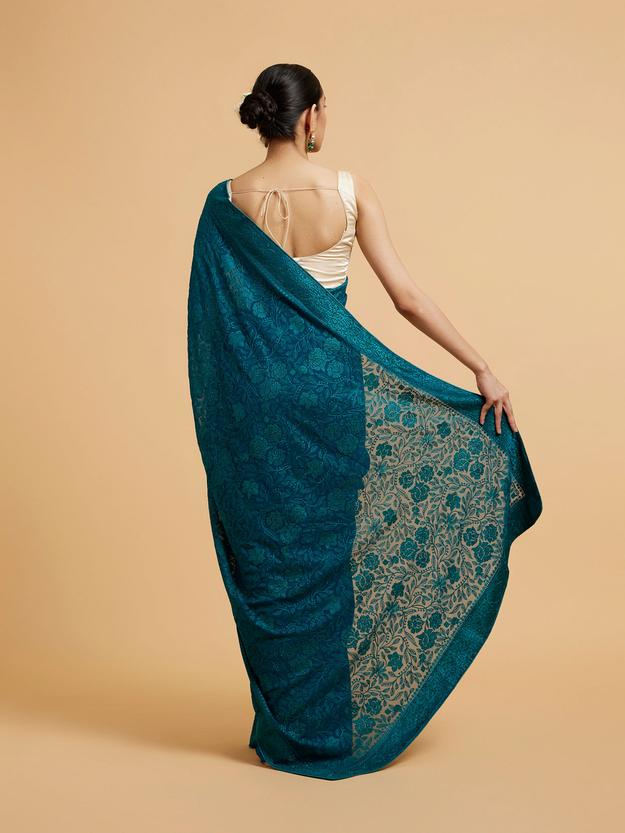 Mohey Women Rama Green Bel Buti Embroidered Saree with Rhinestones