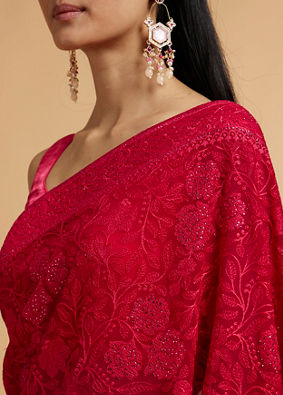 alt message - Mohey Women Rani Pink Bel Buti Embroidered Saree with Rhinestones image number 3