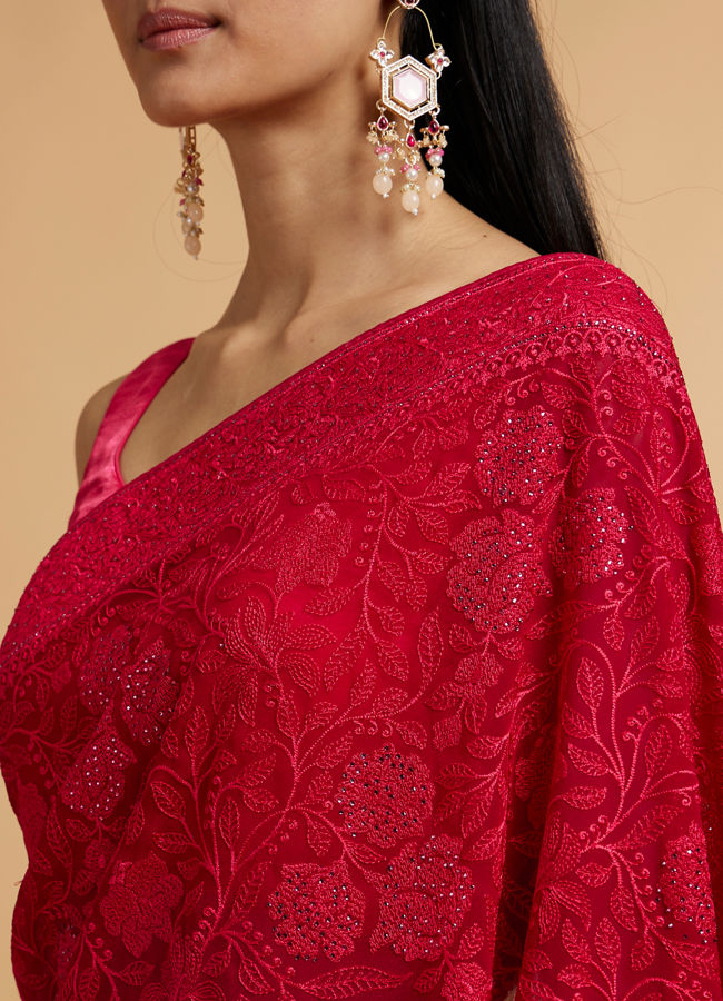 Mohey Women Rani Pink Bel Buti Embroidered Saree with Rhinestones