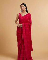 Mohey Women Rani Pink Bel Buti Embroidered Saree with Rhinestones