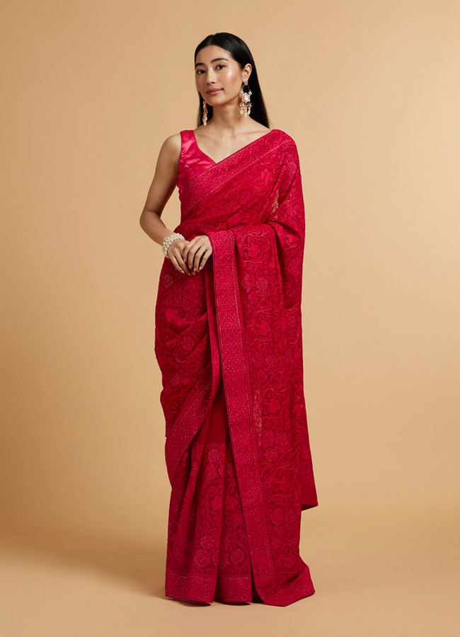 alt message - Mohey Women Rani Pink Bel Buti Embroidered Saree with Rhinestones image number 0