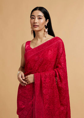 Mohey Women Rani Pink Bel Buti Embroidered Saree with Rhinestones