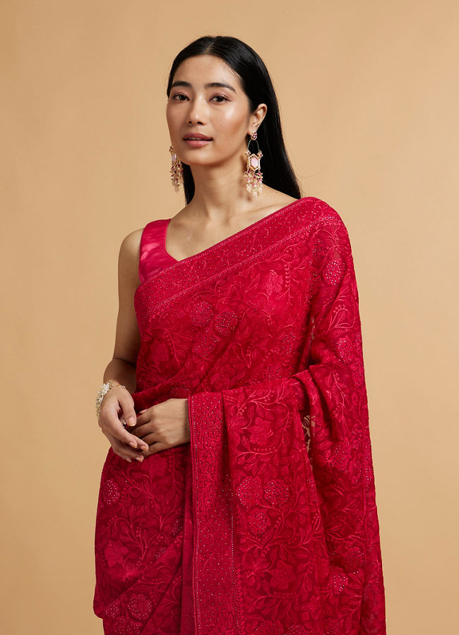 Mohey Women Rani Pink Bel Buti Embroidered Saree with Rhinestones