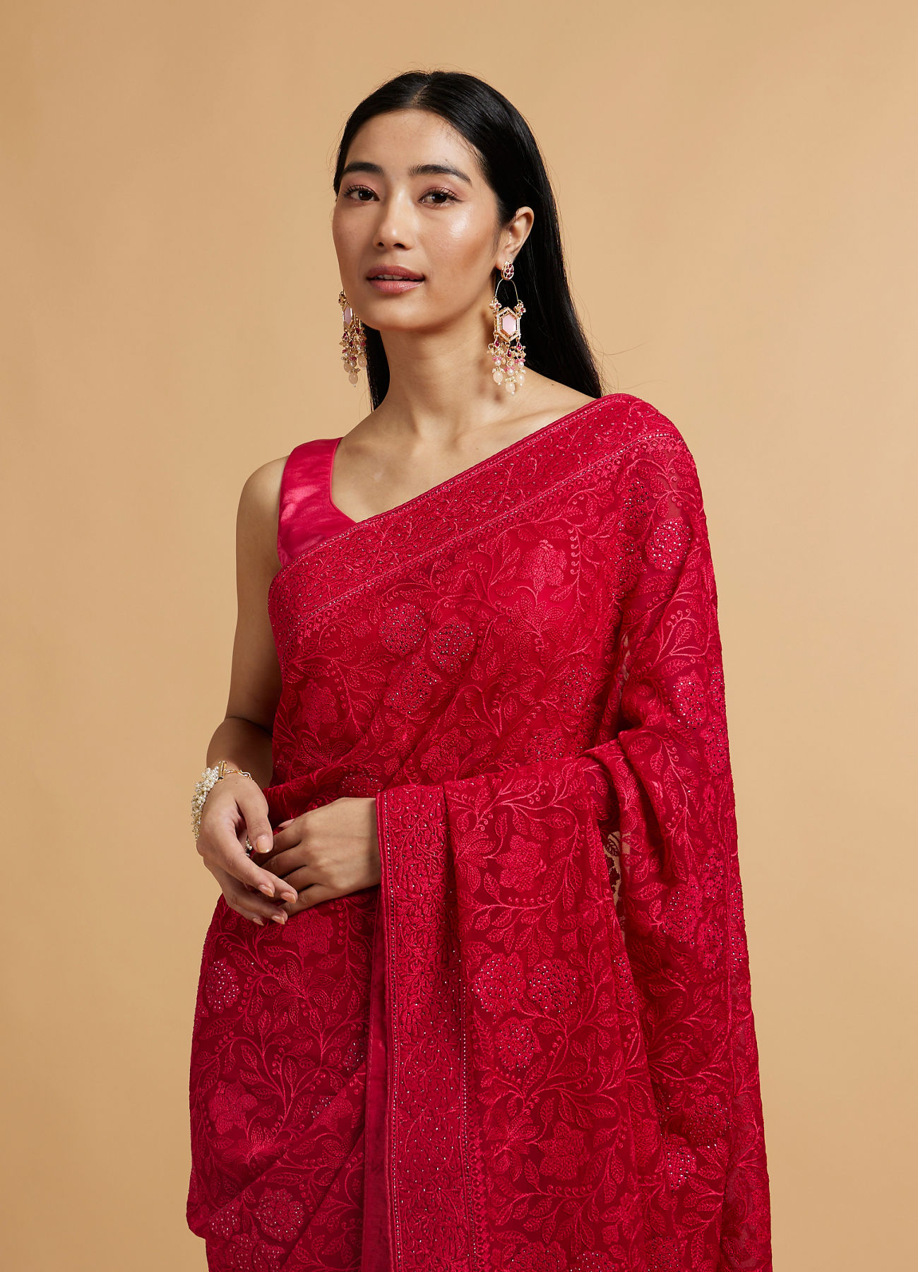 Mohey Women Rani Pink Bel Buti Embroidered Saree with Rhinestones