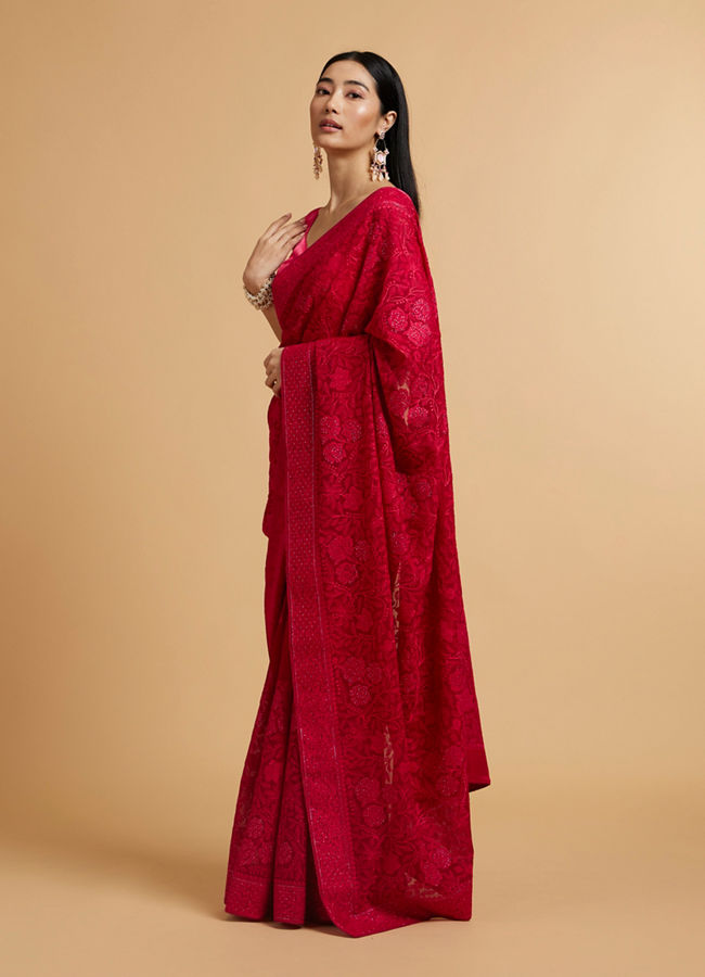 Mohey Women Rani Pink Bel Buti Embroidered Saree with Rhinestones