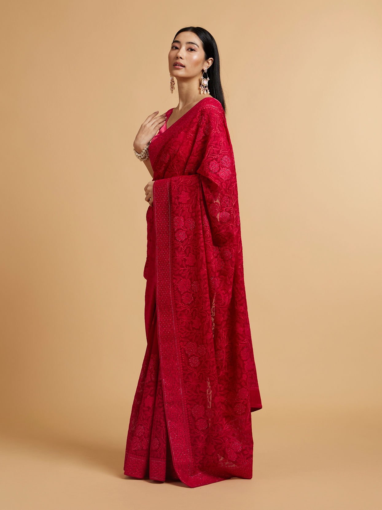 Mohey Women Rani Pink Bel Buti Embroidered Saree with Rhinestones