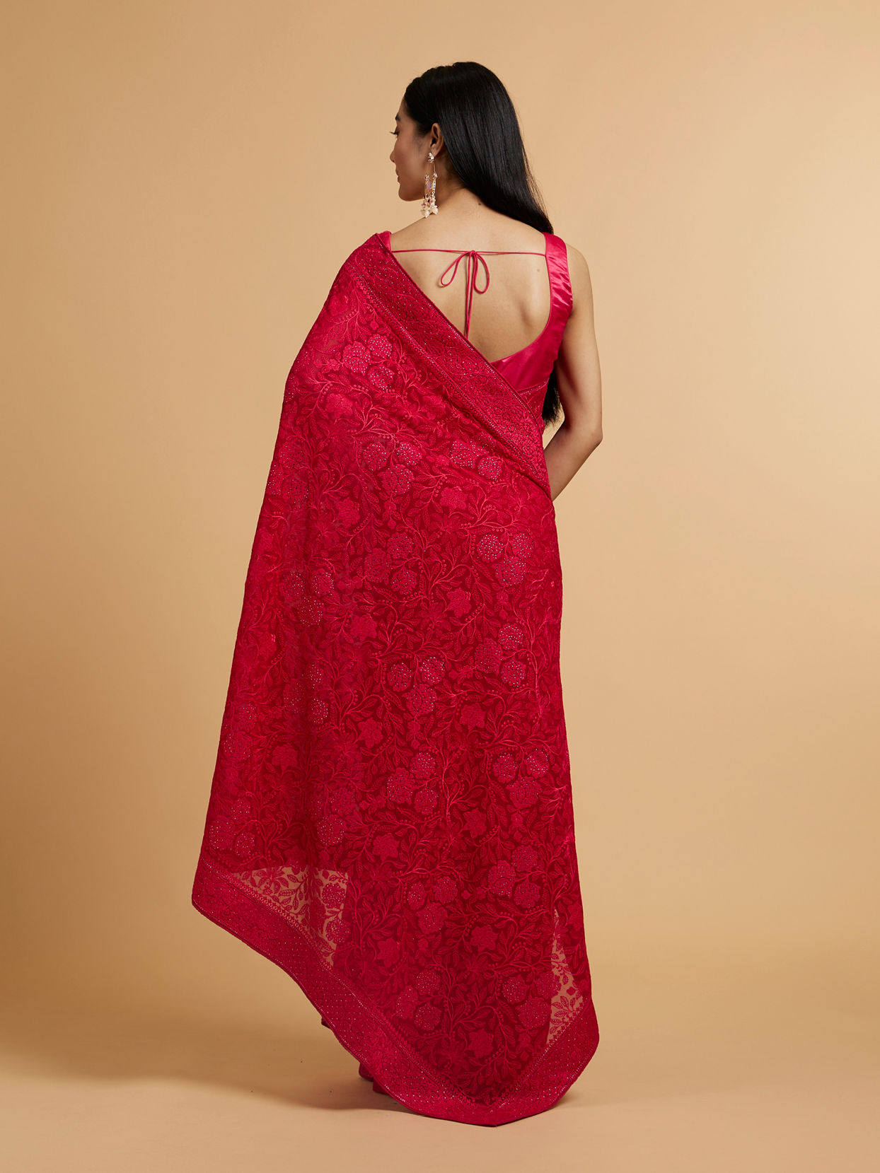 Mohey Women Rani Pink Bel Buti Embroidered Saree with Rhinestones