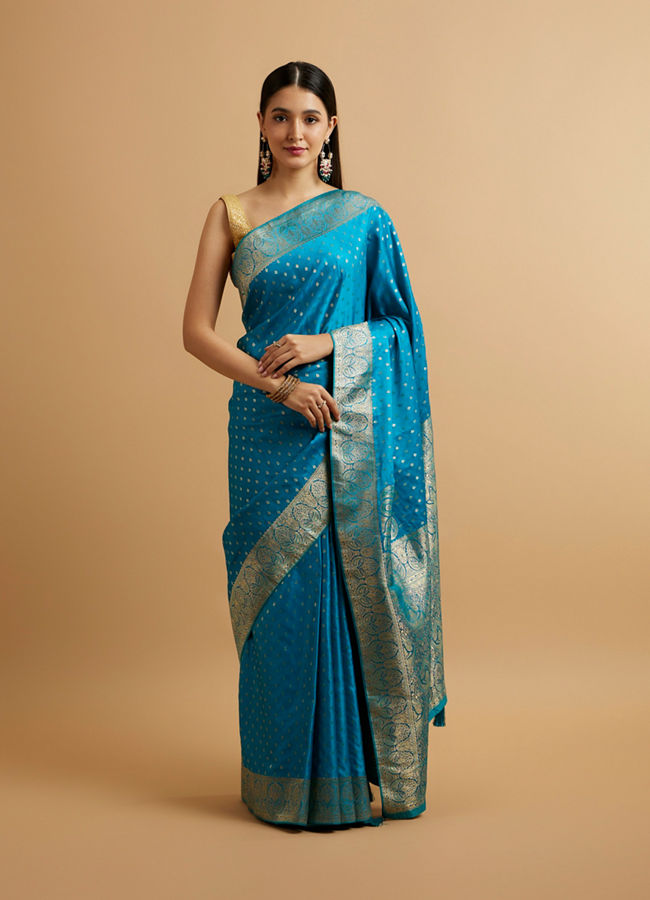 alt message - Mohey Women Teal Blue Floral Buta Patterned Saree image number 0