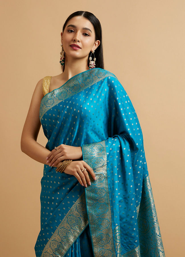 alt message - Mohey Women Teal Blue Floral Buta Patterned Saree image number 1