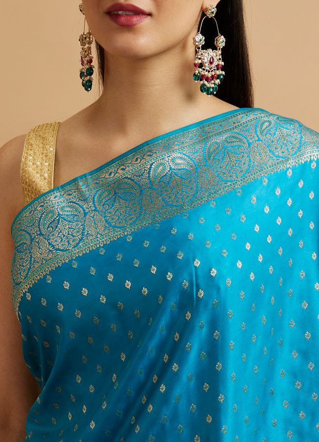 alt message - Mohey Women Teal Blue Floral Buta Patterned Saree image number 3