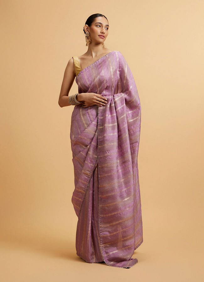 alt message - Mohey Women Purple Linear Embroidered Saree with Sequin Work image number 0