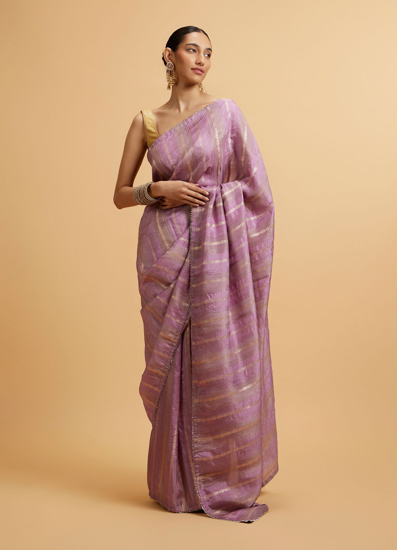 Mohey Women Purple Linear Embroidered Saree with Sequin Work