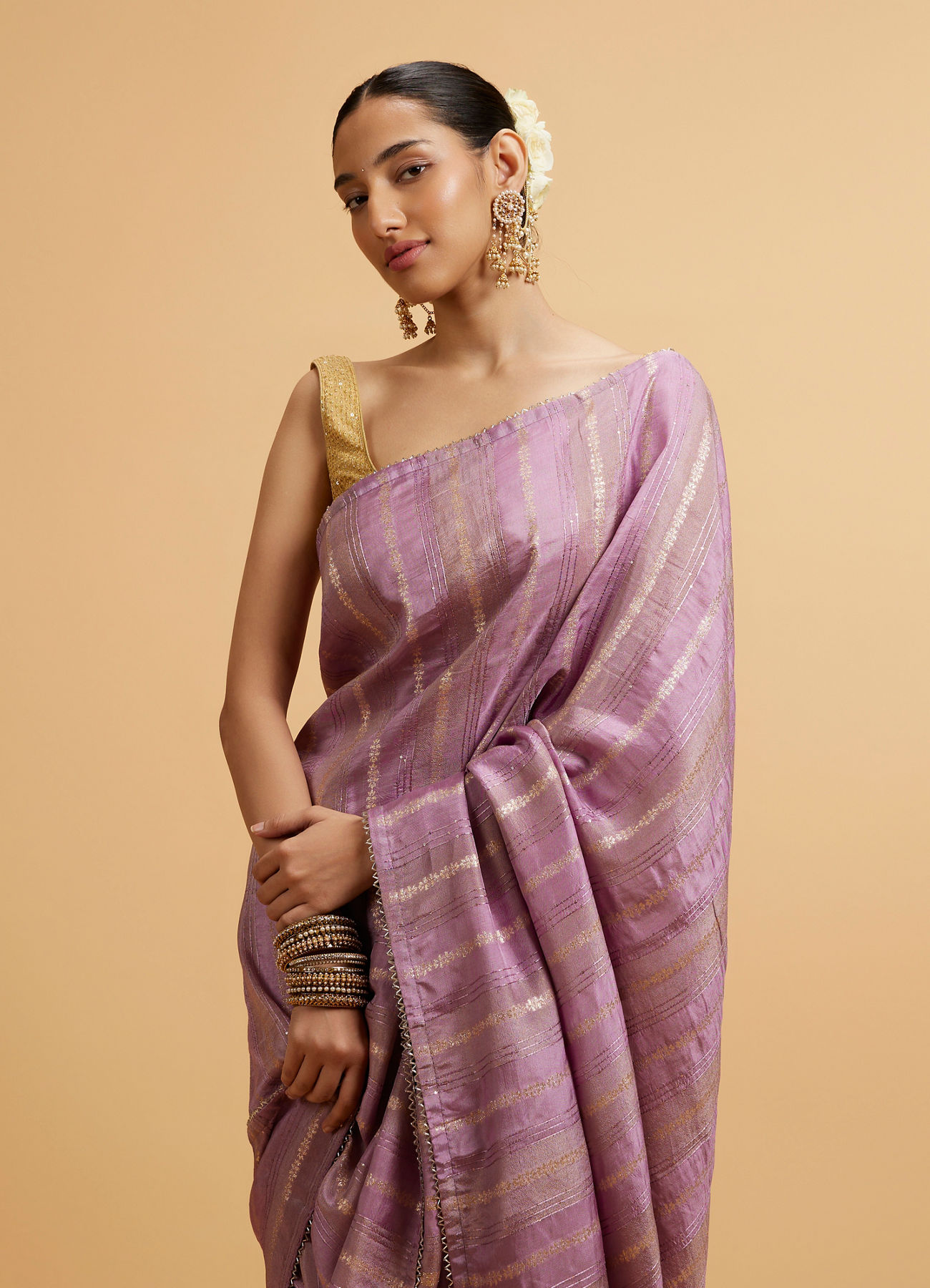 Mohey Women Purple Linear Embroidered Saree with Sequin Work