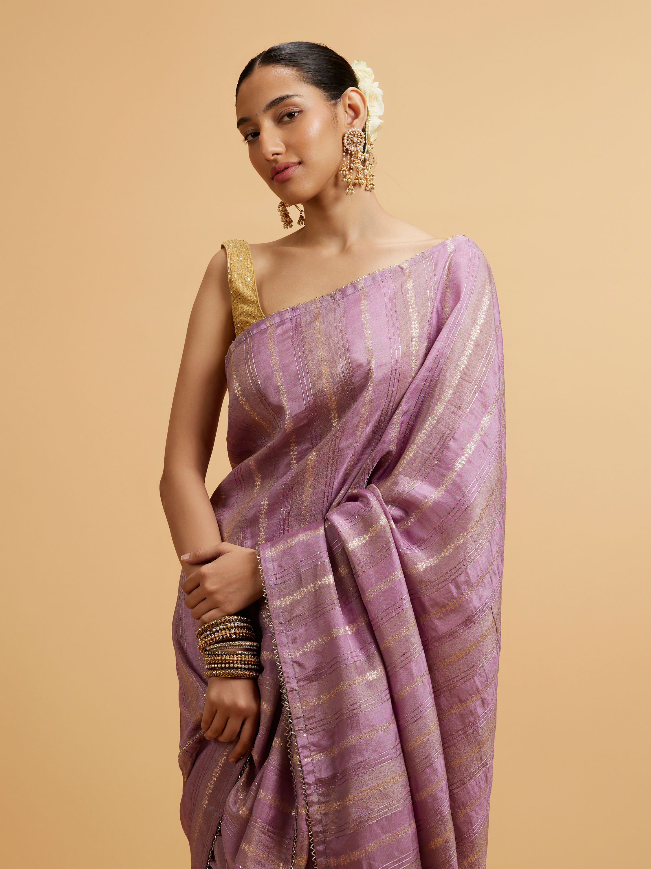 Mohey Women Purple Linear Embroidered Saree with Sequin Work