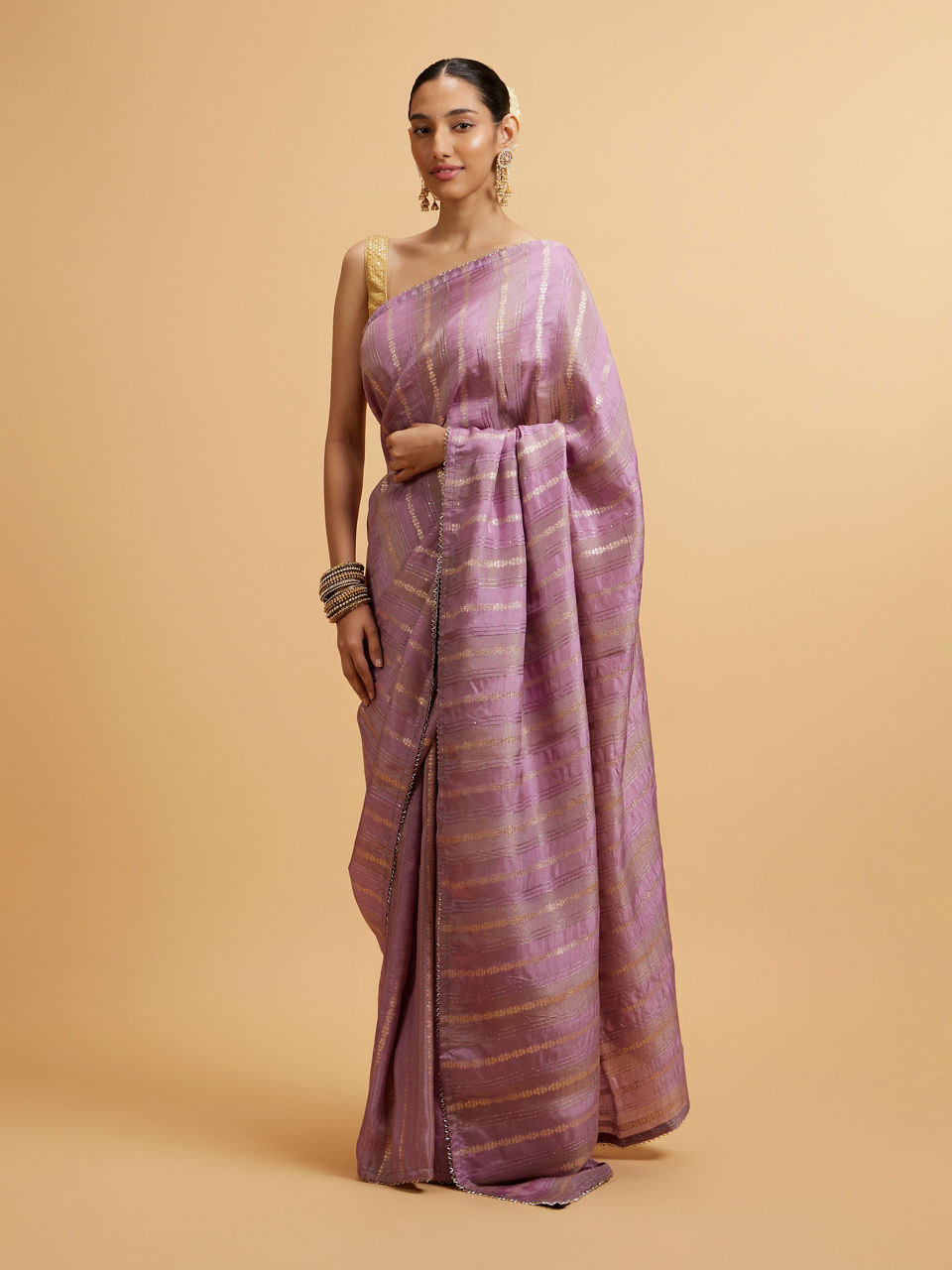 Mohey Women Purple Linear Embroidered Saree with Sequin Work