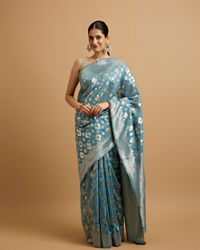 Mohey Women Light Blue Ikat Diamond Patterned Saree