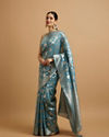 Mohey Women Light Blue Ikat Diamond Patterned Saree