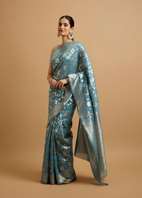 alt message - Mohey Women Light Blue Ikat Diamond Patterned Saree image number 2