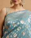 Mohey Women Light Blue Ikat Diamond Patterned Saree