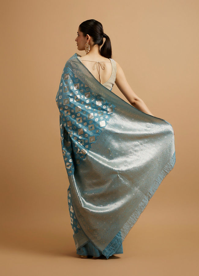 Mohey Women Light Blue Ikat Diamond Patterned Saree