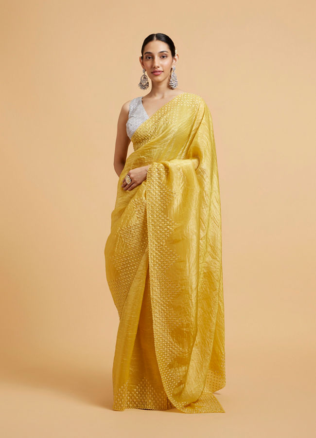 Mohey Women Buttercup Yellow Drop Patterned Saree with Stone Embellishment